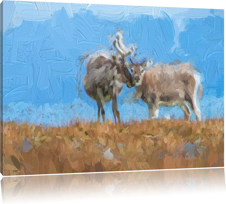 Pixxprint Rentiere die miteinander schmusen / 100x70cm Leinwandbild bespannt auf Holzrahmen/Wandbild