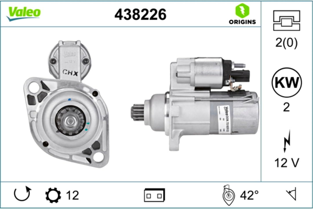 VALEO 438226 Starter Nennleistung: 2 kW Stop & Start: NO Zähnezahl: 12 zähne Spannung: 12 V Drehrich