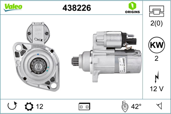 VALEO 438226 Starter Nennleistung: 2 kW Stop & Start: NO Zähnezahl: 12 zähne Spannung: 12 V Drehrich