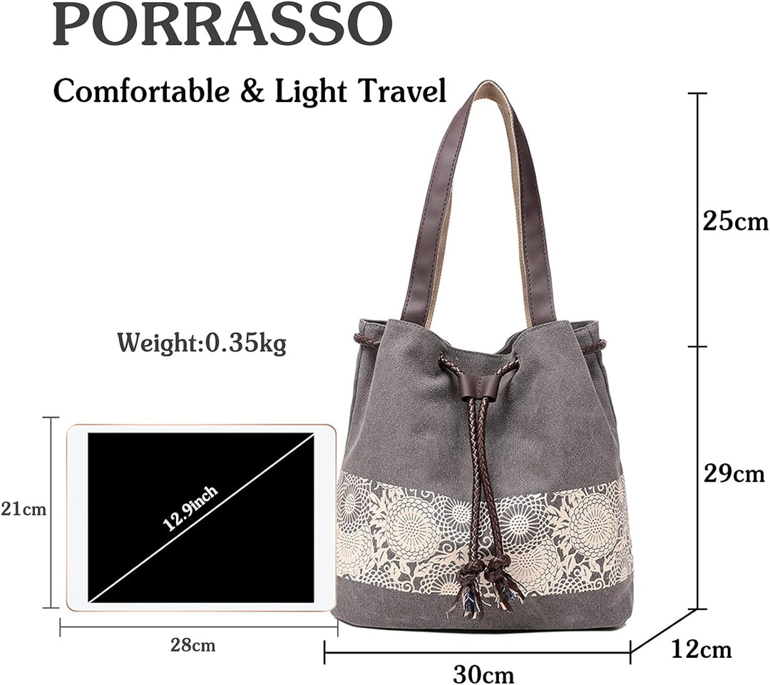 PORRASSO Damen Schultertasche Canvas Tote Umhängentasche Retro Kordelzug Beuteltasche Frauen Shopper