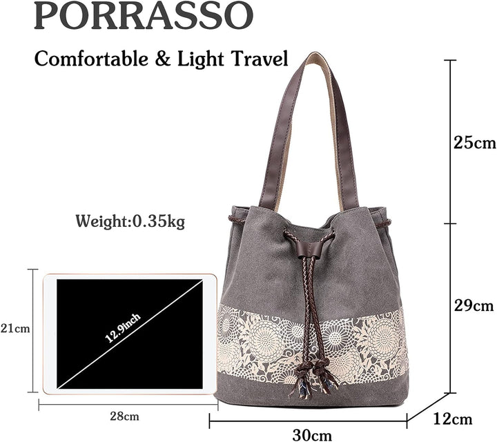 PORRASSO Damen Schultertasche Canvas Tote Umhängentasche Retro Kordelzug Beuteltasche Frauen Shopper