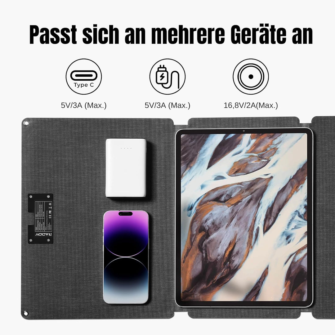 Raddy SP30 30W Solarpanel, faltbares tragbares Solar-Ladegerät, QC3.0 USB Port/Type-C/DC 18V Schnell