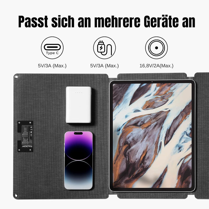 Raddy SP30 30W Solarpanel, faltbares tragbares Solar-Ladegerät, QC3.0 USB Port/Type-C/DC 18V Schnell
