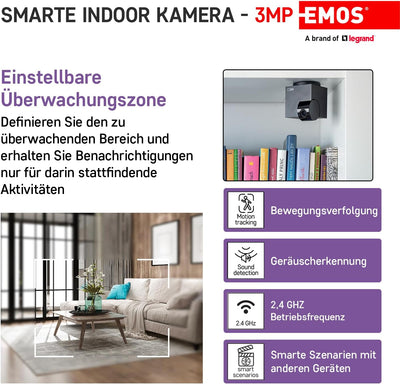 EMOS GoSmart Überwachungskamera mit WiFi und App, Indoor Smart Home Tierkamera, rotierende 3MP/1296p