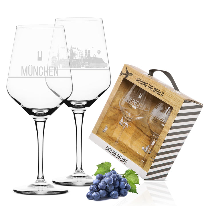 2er Set Weinglas München in schöner Geschenkbox | Hochwertiger Siebdruck im eleganten Ätzweiss, deta