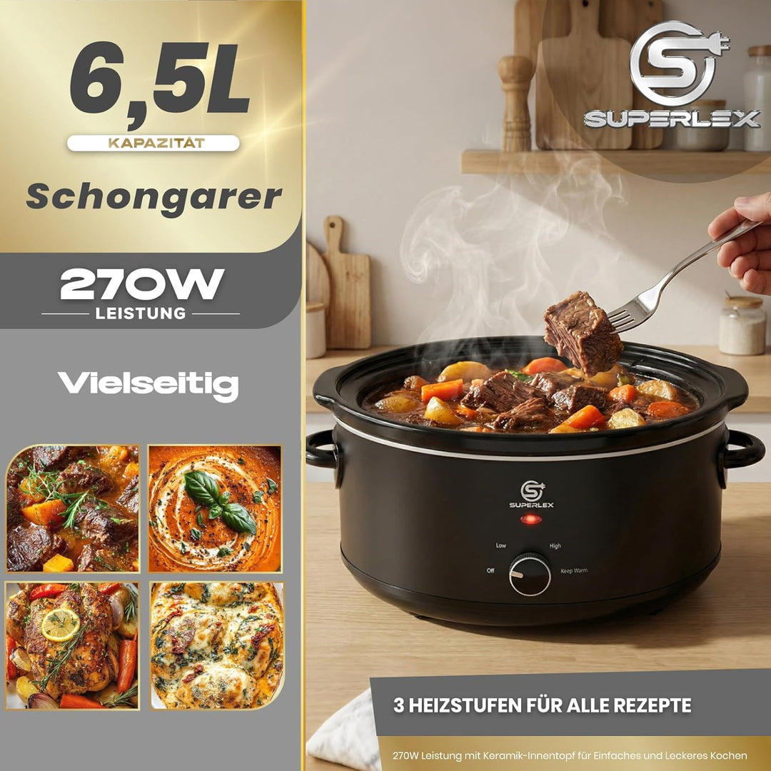 Slow Cooker 6.5L Grosser Elektrischer Schongarer Mit Keramiktopf Und Glasdeckel Temperaturstufen War