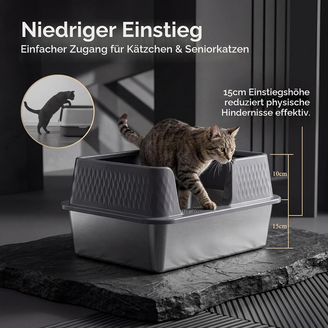 Suhaco Edelstahl Katzenklo mit Deckel Matte und Schaufel für katzentoilette Hohe Seiten XL Leicht Zu