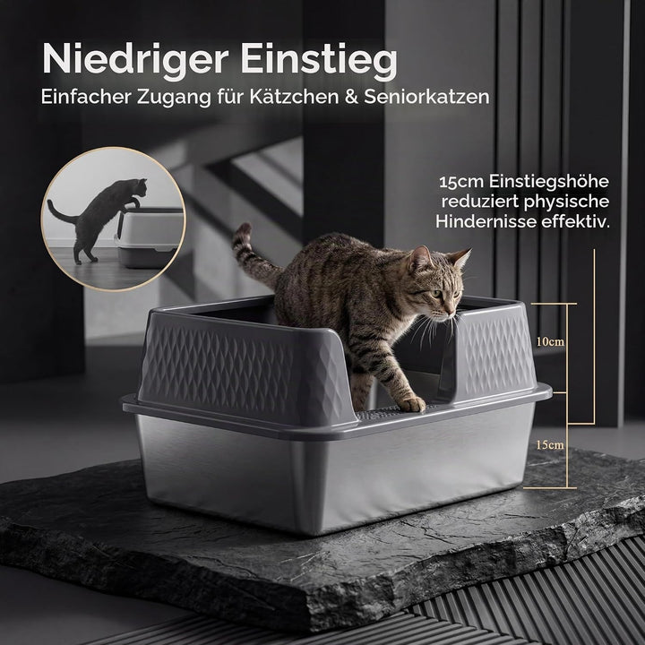Suhaco Edelstahl Katzenklo mit Deckel Matte und Schaufel für katzentoilette Hohe Seiten XL Leicht Zu