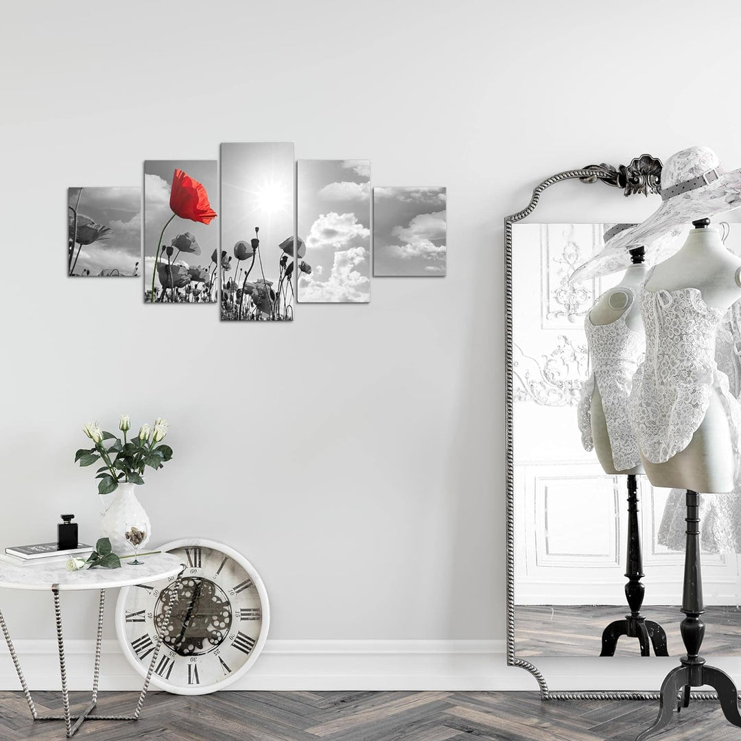 Runa Art Wandbilder Blumen Mohnblume 5 Teilig Bild auf Vlies Leinwand Deko Wohnzimmer Natur Grau Rot