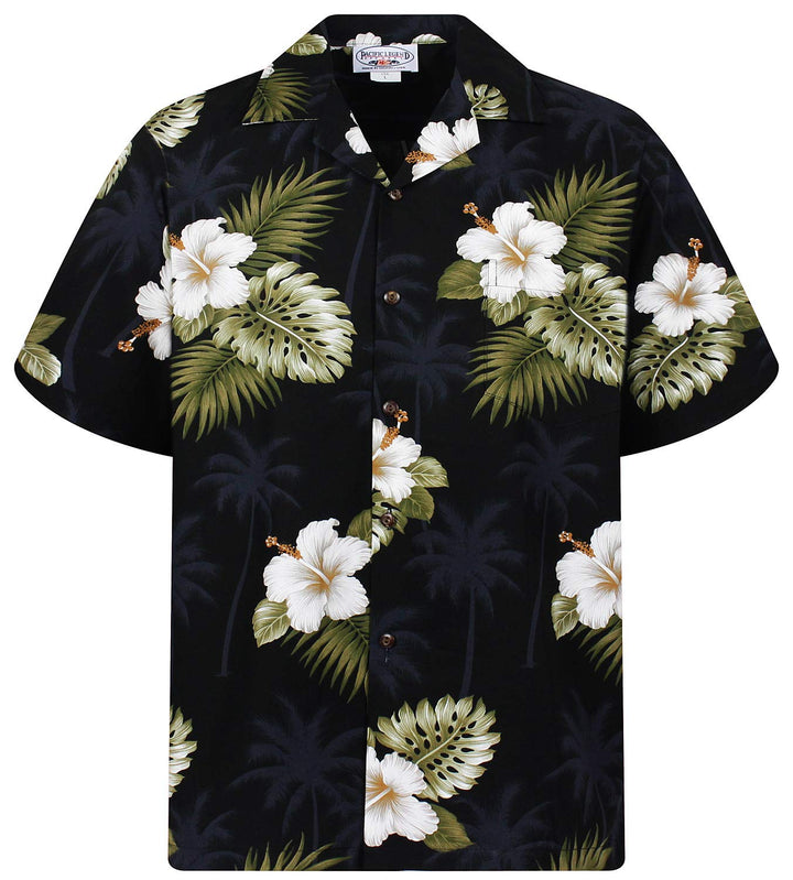 P.L.A. Pacific Legend Original Hawaiihemd, Kurzarm, Weisser Hibiskus Allover, Schwarz, S