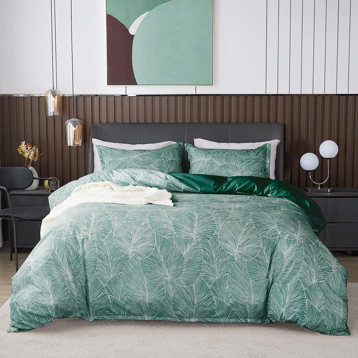 Jemiipee Blumen Bettwäsche-Set mit Tropische Palmblätter Muster, 1 x Bettbezug 200x220 cm mit 2 x Ki