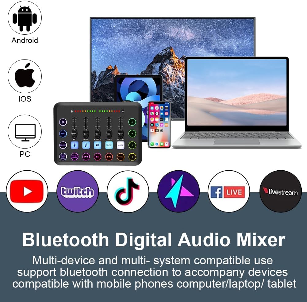 OFFCUP Podcast Equipment Set Mischpult Audiomixer mit Stativ Kondensator Mikrofon USB C Audiointerfa