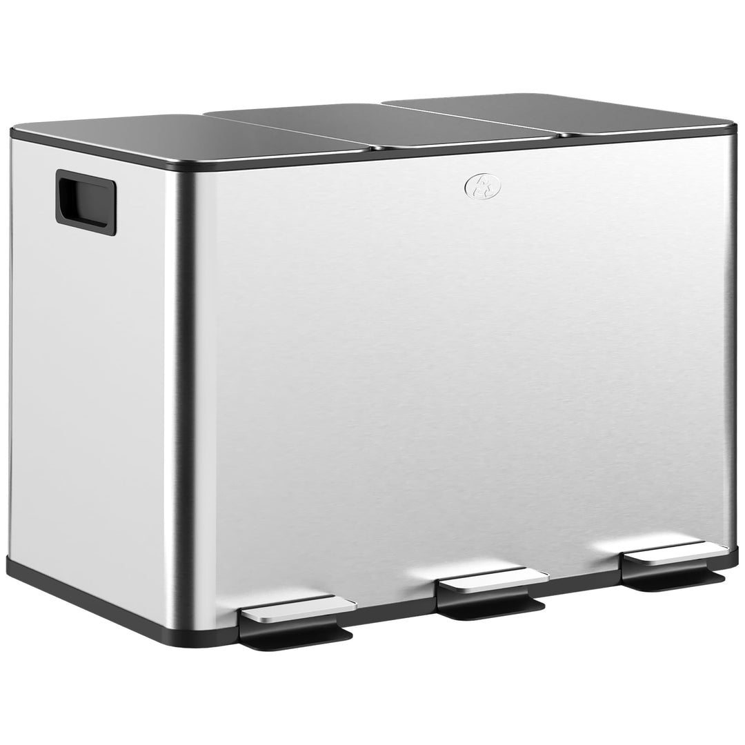 HOMCOM Küchenabfalleimer 3 x 10 l, Abfalltrennsystem aus Edelstahl, 3 Fächer, Pedal, herausnehmbare