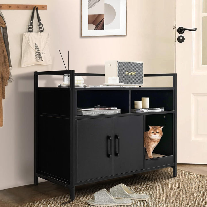 COSTWAY Katzenschrank Katzentoilette mit Doppeltüren & Kratzunterlage, Katzenhaus mit offenem Regal