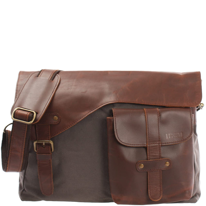LECONI Messenger Bag DIN A4 Leder Canvas Damen & Herren Schultasche Retro look Collegetasche Umhänge