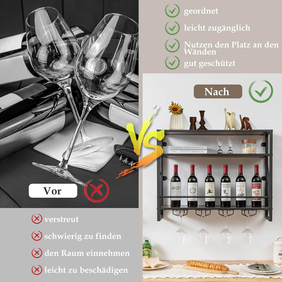 COSTWAY 3 Ebenen Weinregal Wand, Flaschenregal Holz mit Metallrahmen, mit 4 Reihen Weingläserhalter,