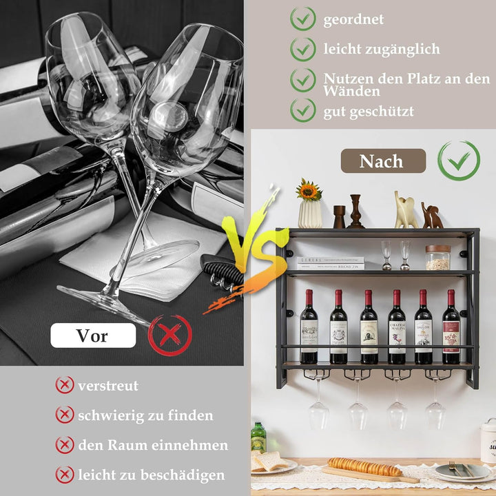 COSTWAY 3 Ebenen Weinregal Wand, Flaschenregal Holz mit Metallrahmen, mit 4 Reihen Weingläserhalter,
