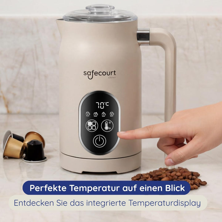 Safecourt Elektrischer Milchaufschäumer – 4 Funktionen & Temperaturregelung – fester & luftiger Milc