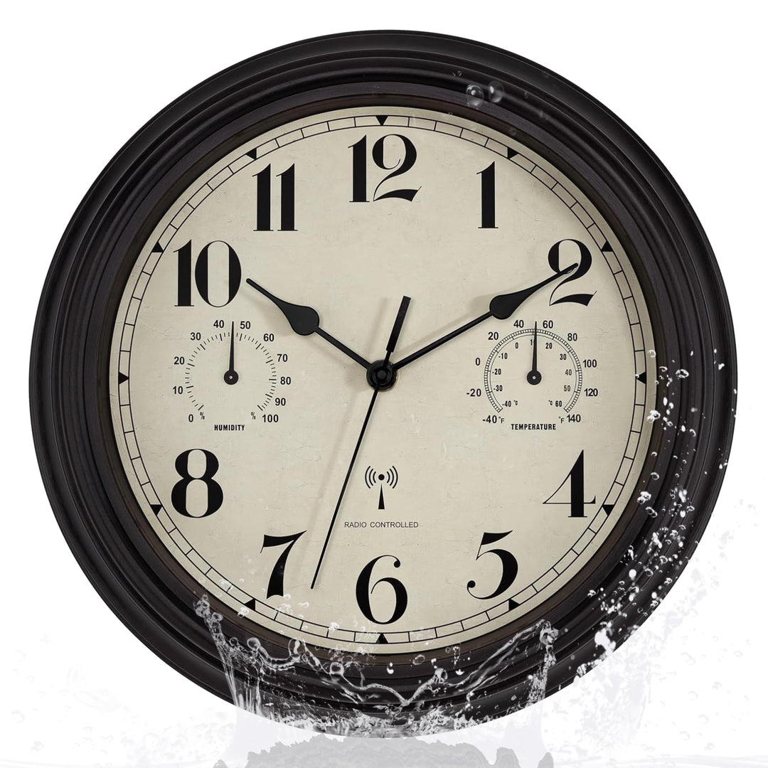 Foxtop Funk Wanduhr, Innen Draussen Wetterfeste Wanduhr mit Temperaturanzeige und Hygrometer, Ohne T