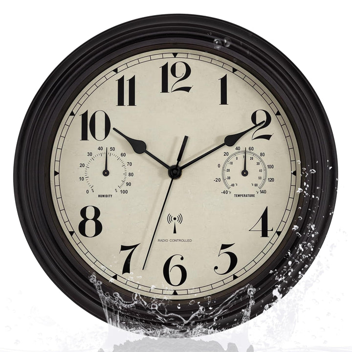 Foxtop Funk Wanduhr, Innen Draussen Wetterfeste Wanduhr mit Temperaturanzeige und Hygrometer, Ohne T