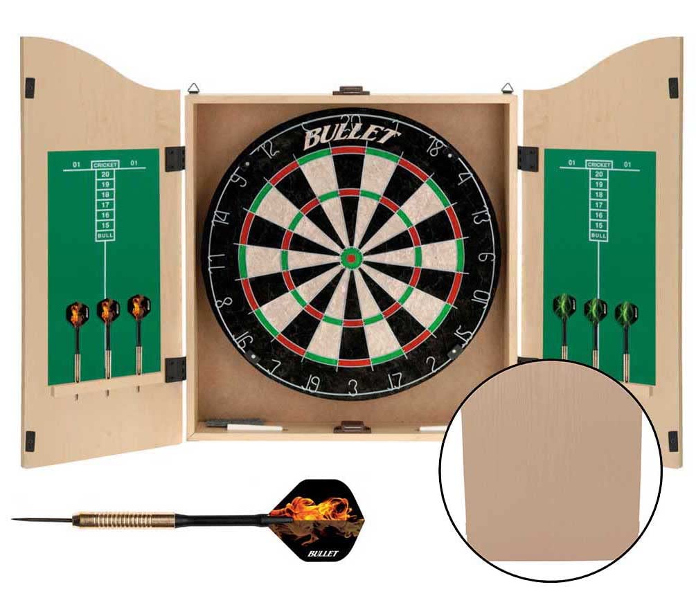 Bullet Dartschrank aus Holz - Board aus Borsten-Sisal - 6-27x Steeldarts - mit Scoreboard im Inneren