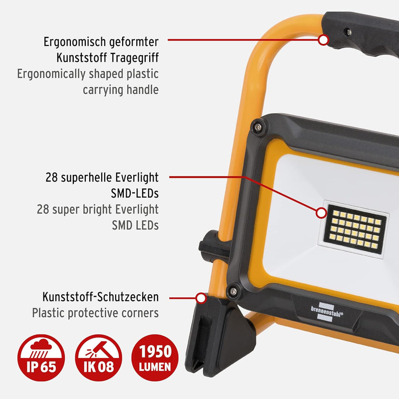 Brennenstuhl LED Arbeitsstrahler JARO 2050 M (20W, 1950lm, 6500K, IP65, LED Baustrahler mit 2m Kabel