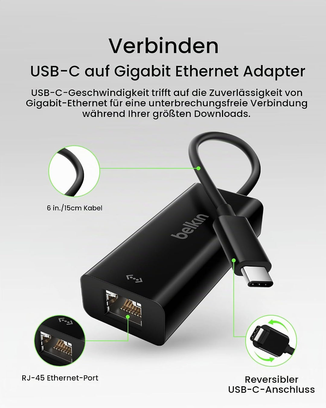 Belkin USB-C auf Gigabit Ethernet Adapter (15cm, USB-C Stecker, RJ45-Buchse, unterstützt 10/100/1000