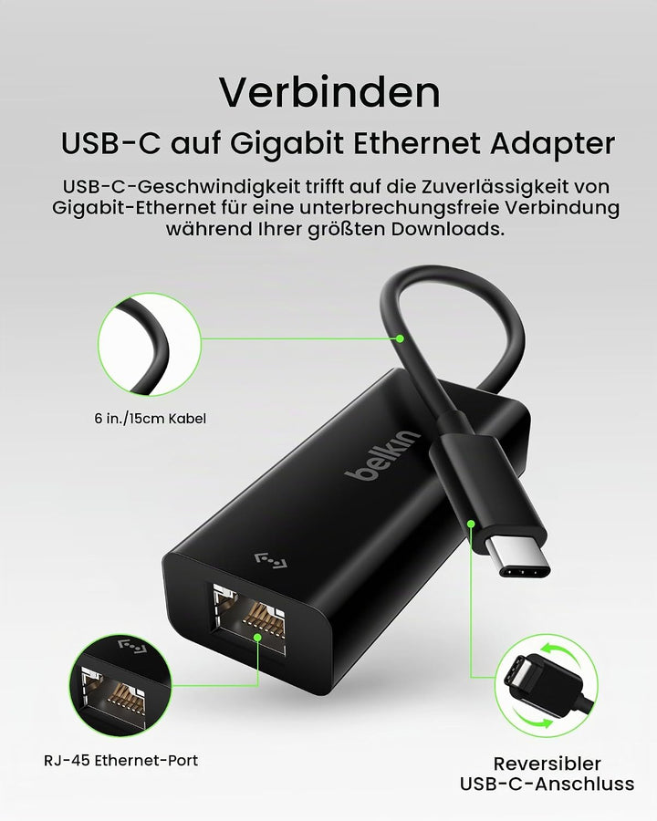 Belkin USB-C auf Gigabit Ethernet Adapter (15cm, USB-C Stecker, RJ45-Buchse, unterstützt 10/100/1000