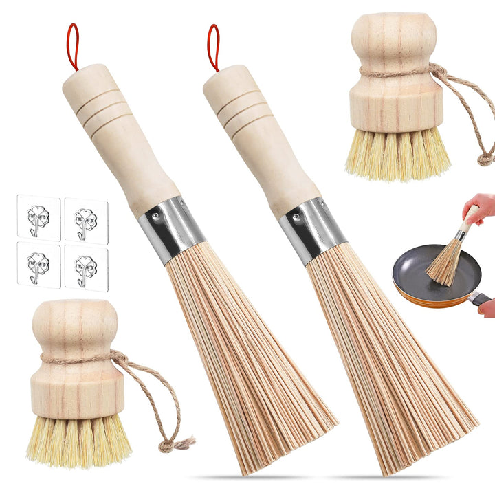 4 STK Wok Bürste Bambus Set, Pilzbürste, Bambus Wok mit Schnur Bürste für Reinigung von Töpfen, Pfan