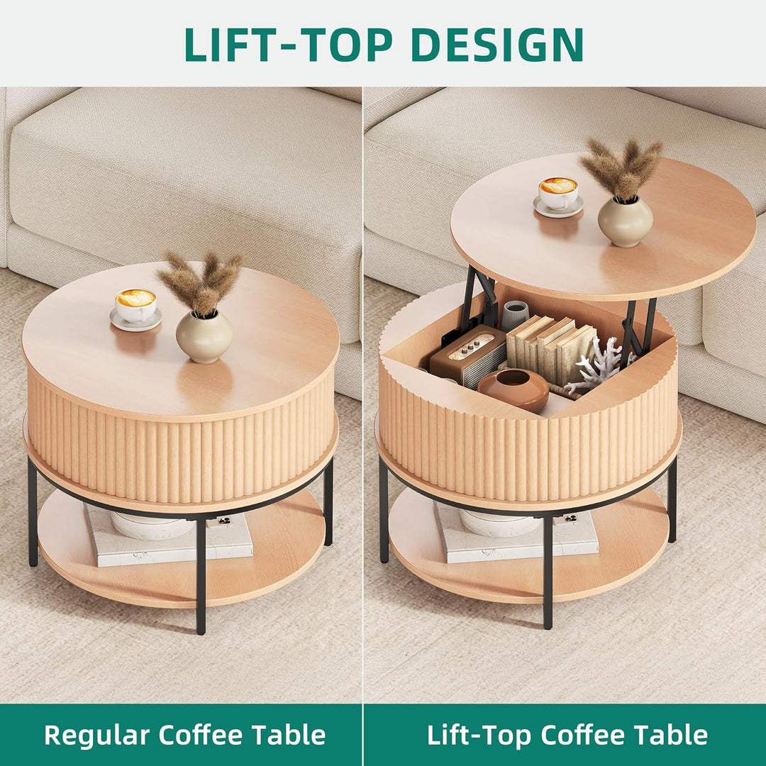 YITAHOME Couchtisch Höhenverstellbar, Couchtisch Rund mit geriffeltem Design und verstecktem Staurau