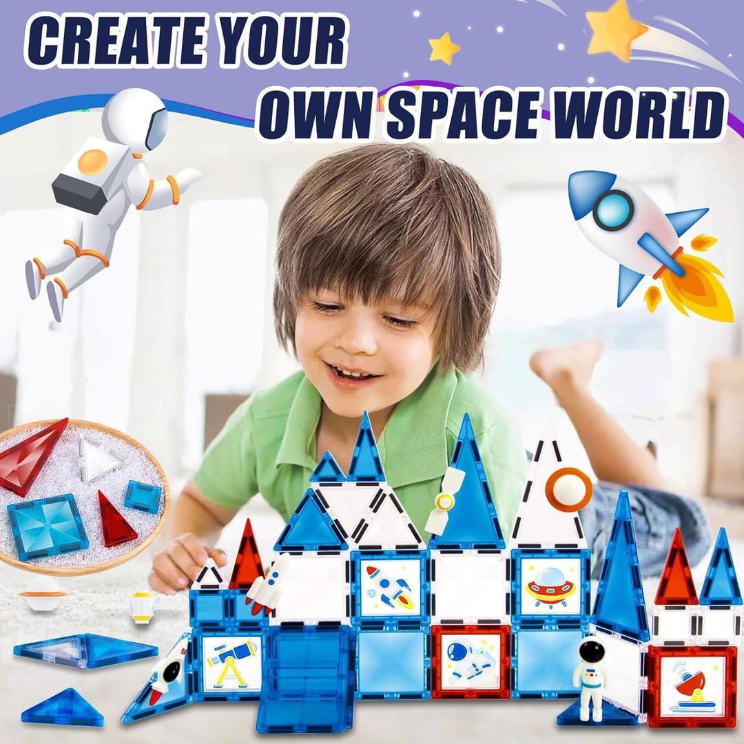Magnetische Fliesen Space-Thema, 3D Magnetbausteine Weltraum-Serie mit DIY Mal-Set, STEM Lernspielze