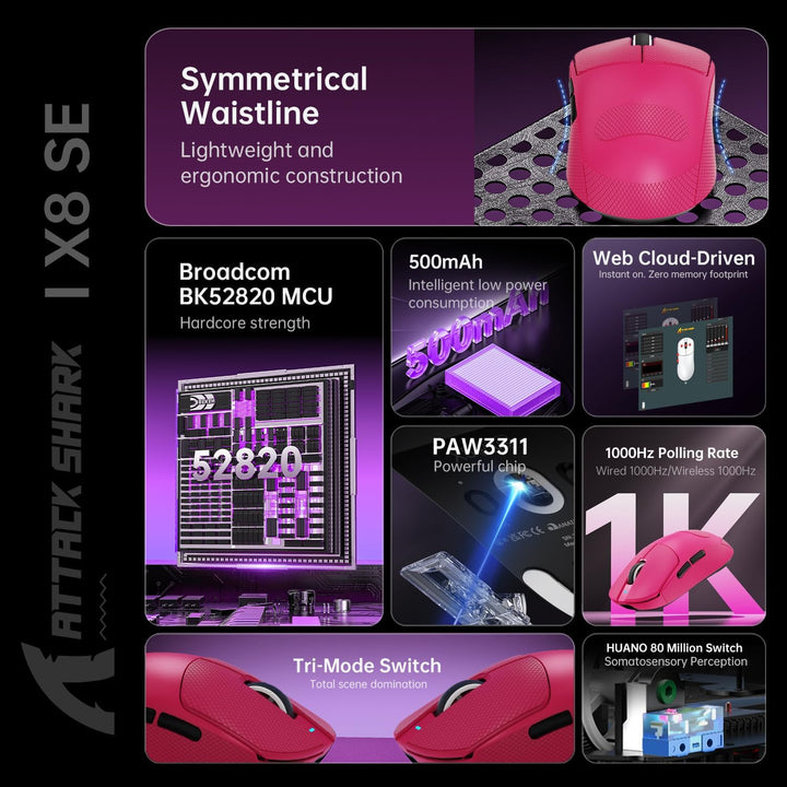 ATTACK SHARK X8SE Mouse with Grip Tape for Large Hand, 55g Superlight, PixArt PAW3311 Gaming Sensor,