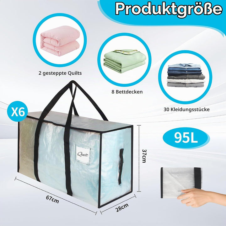 6 Stück 95L Grosse Aufbewahrungstasche mit Deckel,Heavy-Duty Faltbare Transparente Umzugskartons Gro