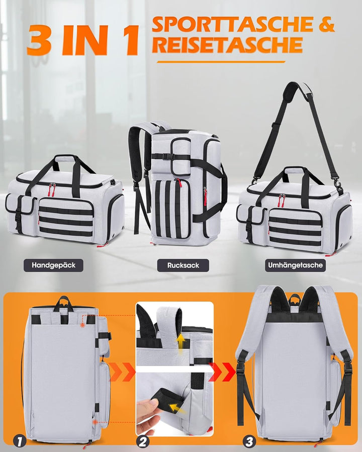 RAINSMORE 3 IN 1 Sporttasche Herren 45L Reisetasche Rucksackfunktion Handgepäck mit Schuhfach Latopf