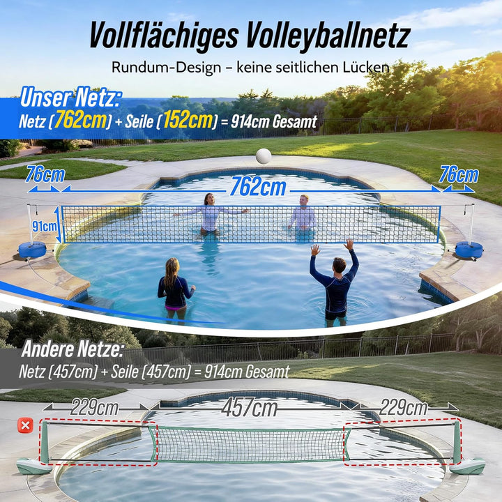 Pool Volleyball-Set, Tragbarer Volleyballnetz Verstellbar 4,5-9,1m mit Volleyball, Stabilem-Stangen