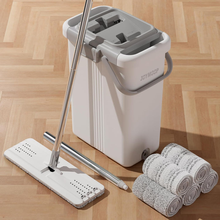 JOYMOOP Wischmopp und Eimer mit Auswringer-Set, Flacher Quetschmopp mit Eimer (X-Large), Staubwische
