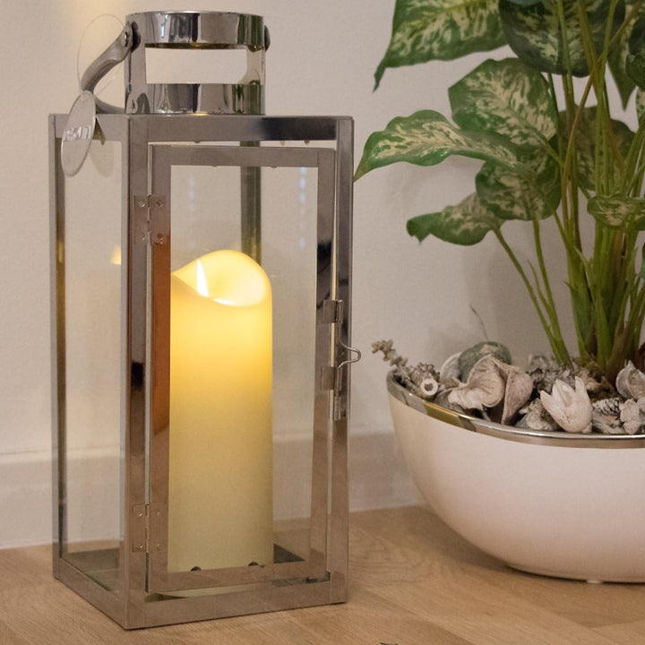 Dekovita Edelstahl-Laterne - 30cm Gartenlaterne inkl. 18cm Outdoor LED Kerze in Creme-Weiss mit Time