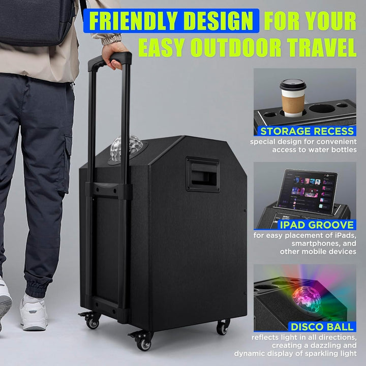 Karaoke Maschine Ankuka Karaoke Anlage mit 2 drahtlosen Mikrofonen Bluetooth PA Anlage mit Rädern un