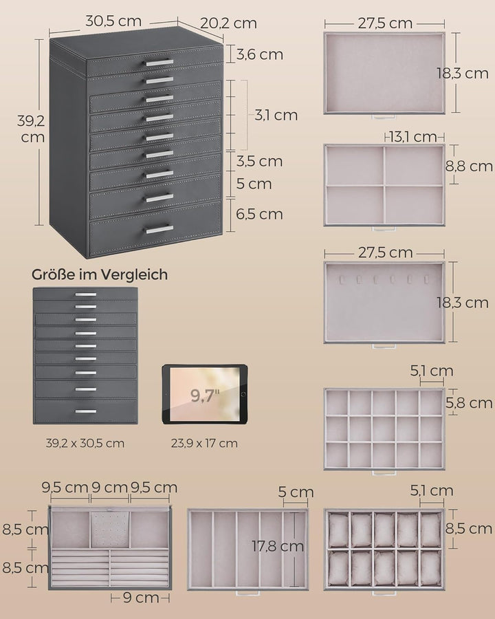 SONGMICS Schmuckkästchen 8 Ebenen, Schmuckkasten mit grossem Spiegel, Schmuckschatulle, 7 Schubladen