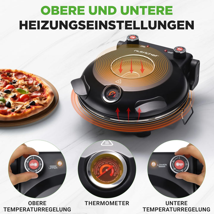 NutriChef Pizzaofen Elektrisch mit 30cm Stein, Pizza Maker bis 426°C, 1200W mit Sichtfenster, Ober-/