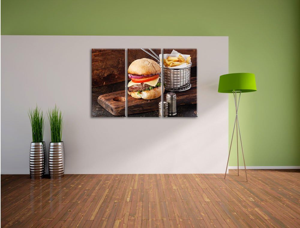 Pixxprint Cheesburger mit Pommes 3-Teiler Leinwandbild 120x80 Bild auf Leinwand, riesige Bilder fert