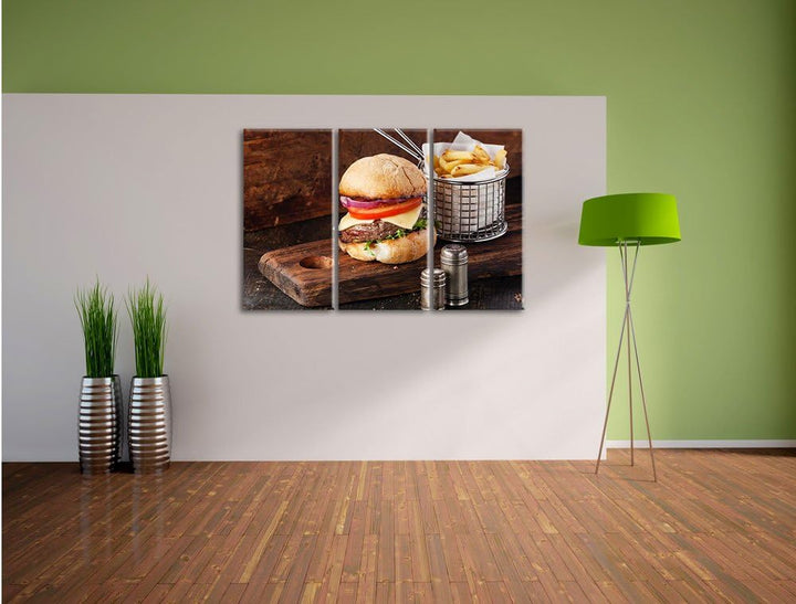 Pixxprint Cheesburger mit Pommes 3-Teiler Leinwandbild 120x80 Bild auf Leinwand, riesige Bilder fert