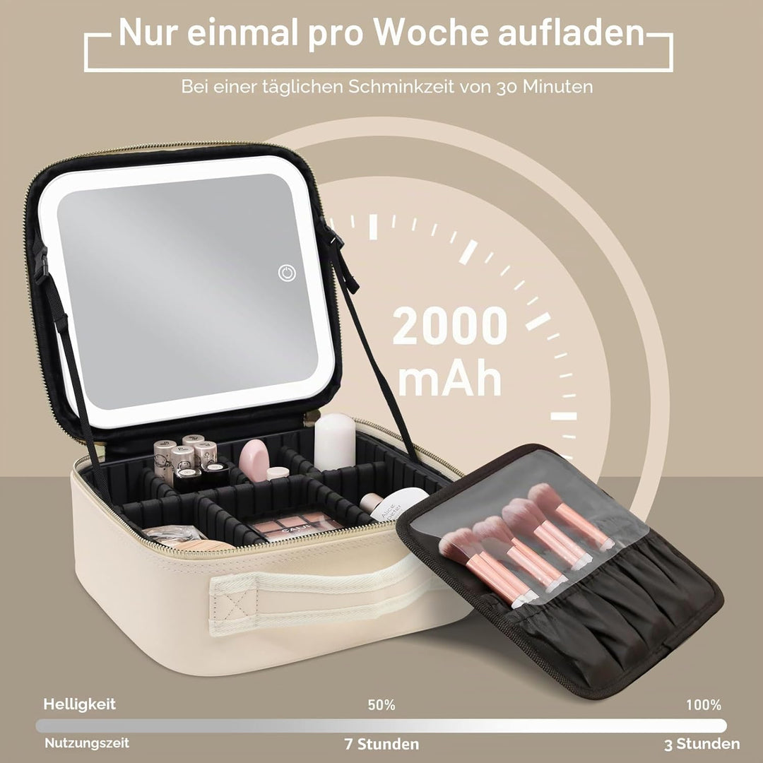 Reisekosmetiktasche mit beleuchtetem Spiegel, unterteilbare Kosmetiktasche Kosmetiktasche mit 3 Farb