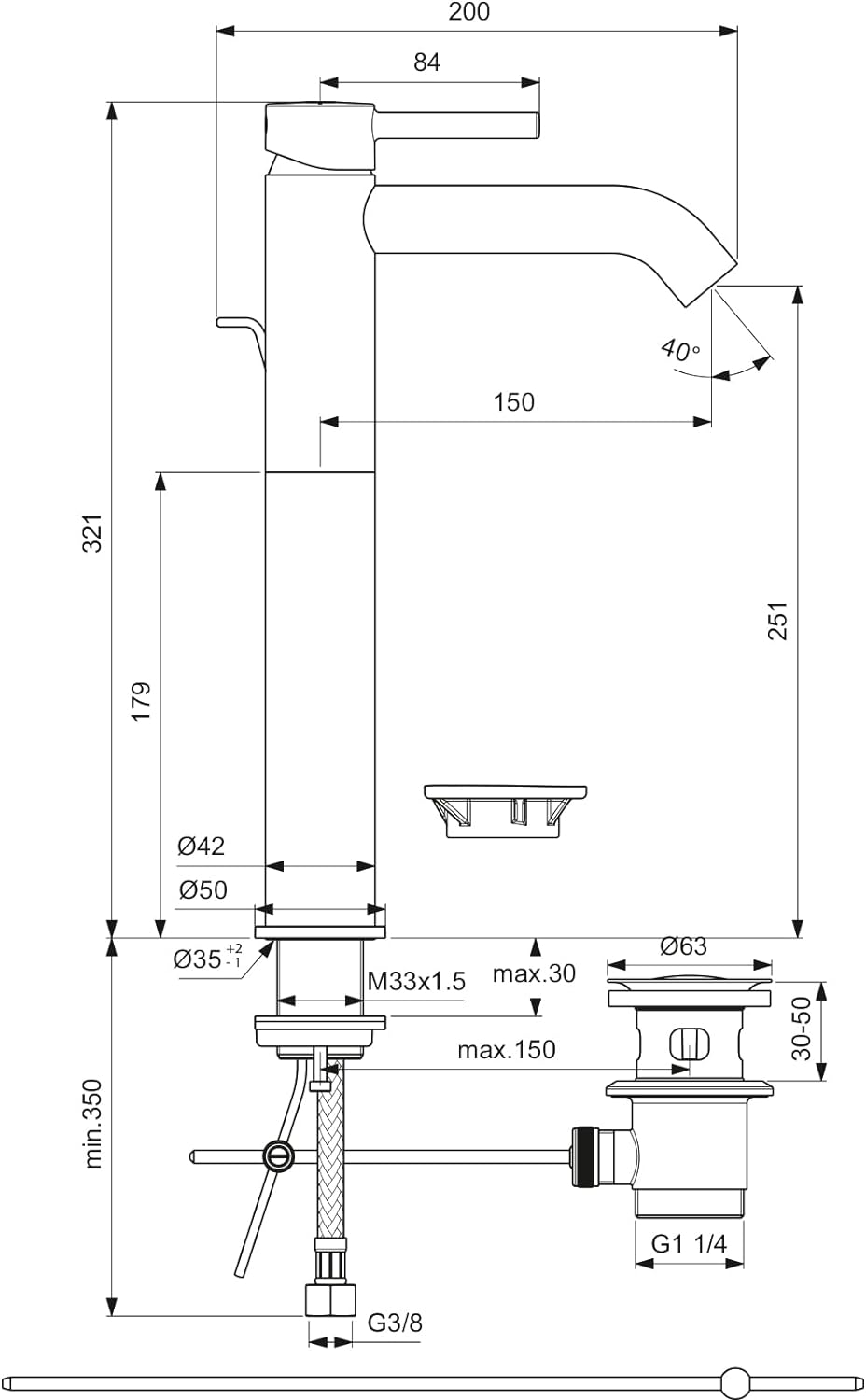 Ideal Standard BC194AA Ceraline Waschtischarmatur verlängerter Sockel mit Zugknopf-Ablaufgarnitur, C