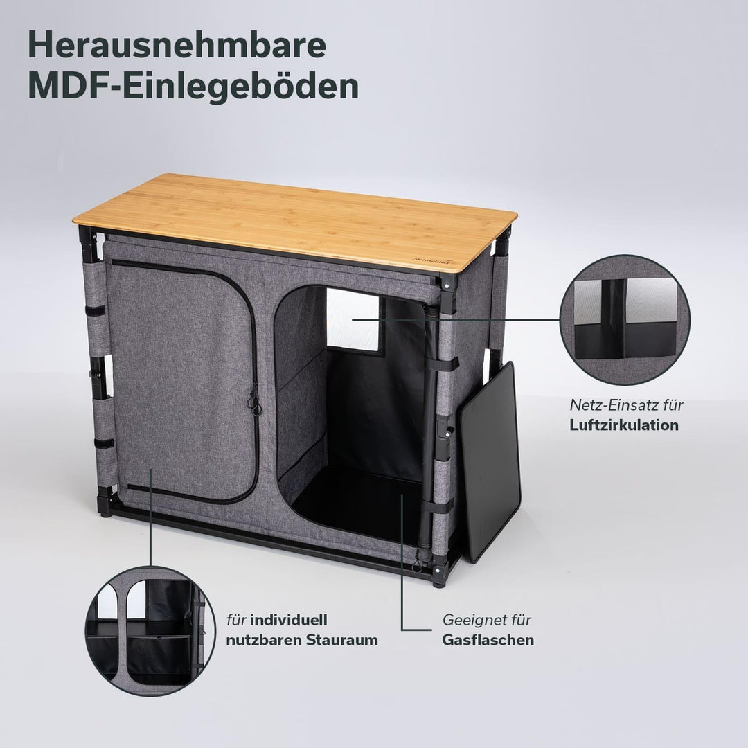 Skandika Campingschrank Triabo |Bambus Arbeitsplatte, Outdoor-Schrank faltbar, 4 Fächer mit festen E