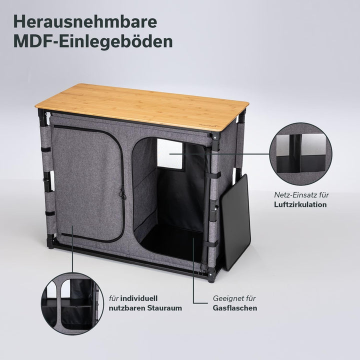 Skandika Campingschrank Triabo |Bambus Arbeitsplatte, Outdoor-Schrank faltbar, 4 Fächer mit festen E