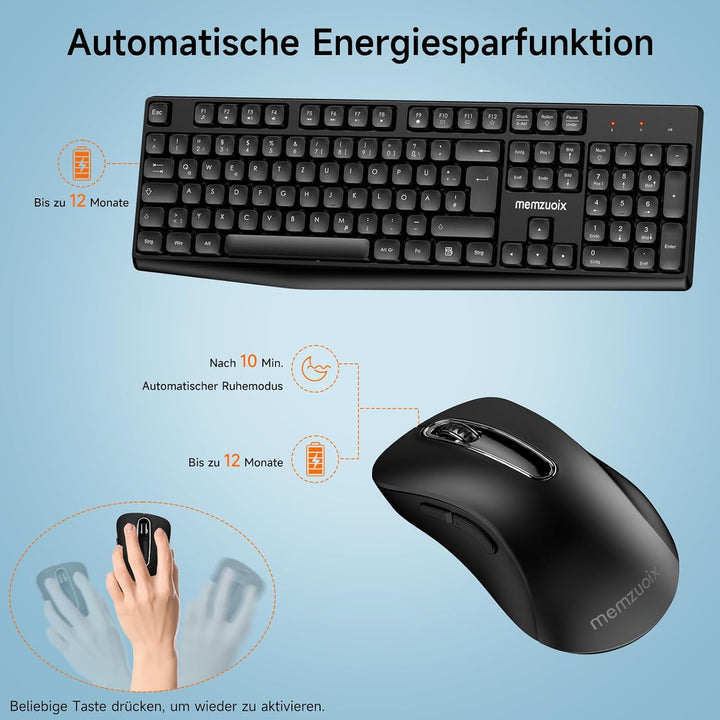 QWERTZ Kabelloses Tastatur Maus Set, Full Size 105-Tasten Tastatur mit Nummernblock, 2.4GHz Funk mit