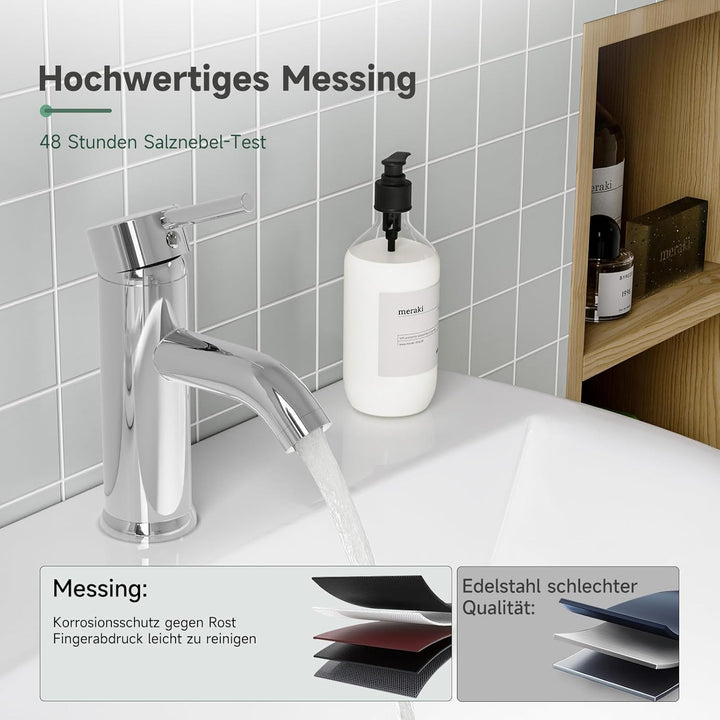 Waschtischarmatur Chrom, Wasserhahn Bad Einlochmontage, Messing Einhebelmischer Waschbecken Warm- un