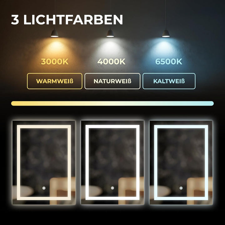 BR Bringer LED Badspiegel - 50x70 cm - Badezimmerspiegel mit Beleuchtung und Anti-Beschlag Funktion