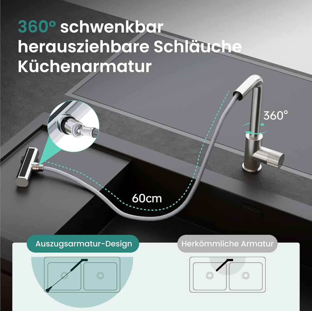 Mai &amp; Mai Küchenarmatur mit ausziehbarer Brause, Silber | Wasserhahn Küche 360°Schwenkbar, 3 Wassers